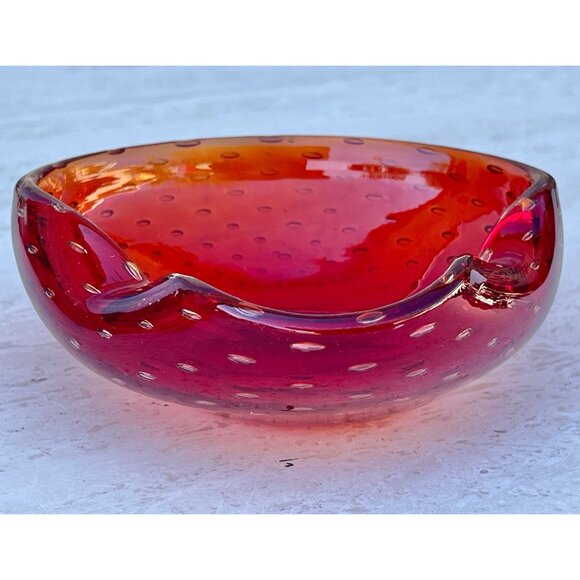 Murano Blown Glass Bowl With Bucillante Bubbles Red 6.25"x5.75"x2.25" Italy Gift - Picture 16 of 16